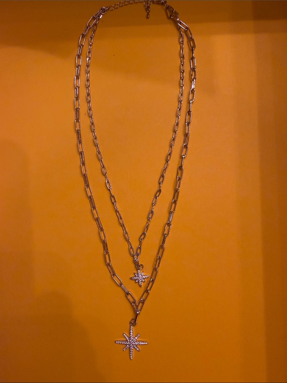 CHIC Gorgeous Fashion Jewelry Double Layer Starburst 16” Necklace - Silver CZ